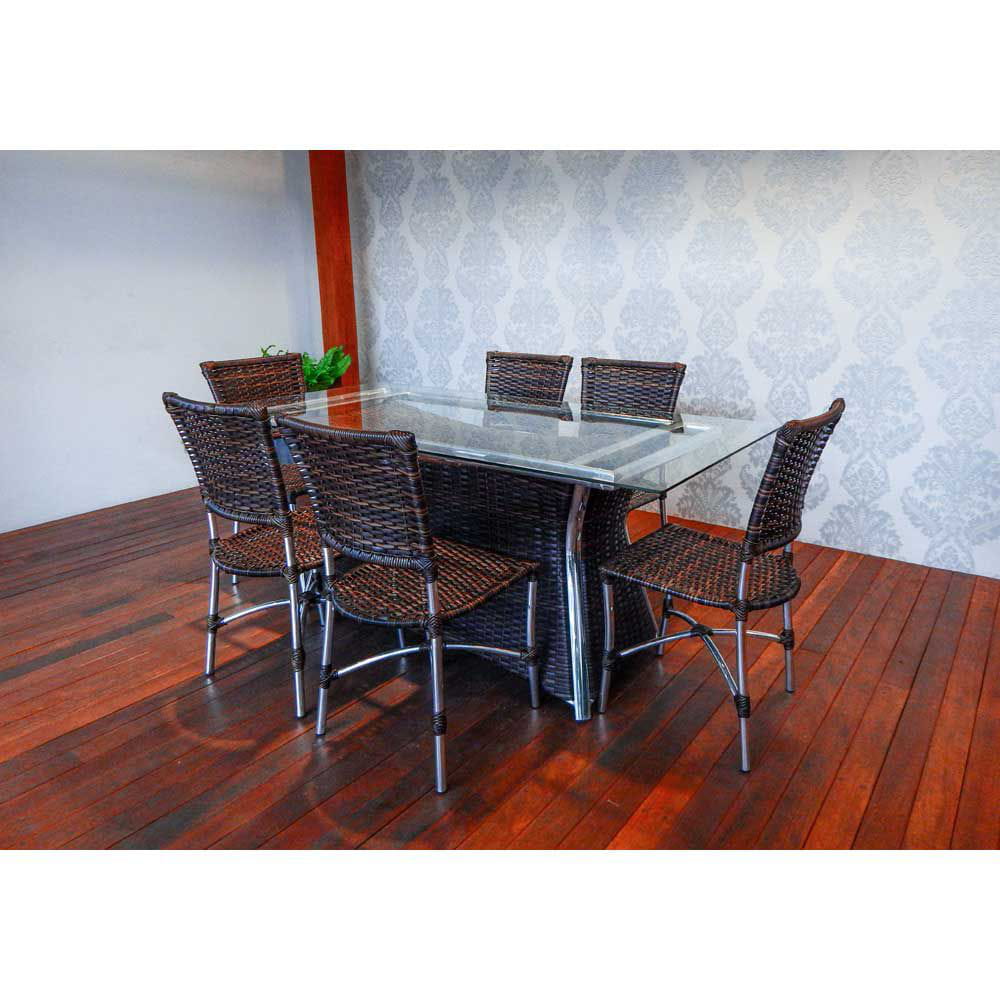 Mesa de Jantar 6 lugares de Vidro Fibra Sintética e Alumínio Imperial Tradicional 1,00 x 2,00M + Cadeiras Aracaju Tradicional